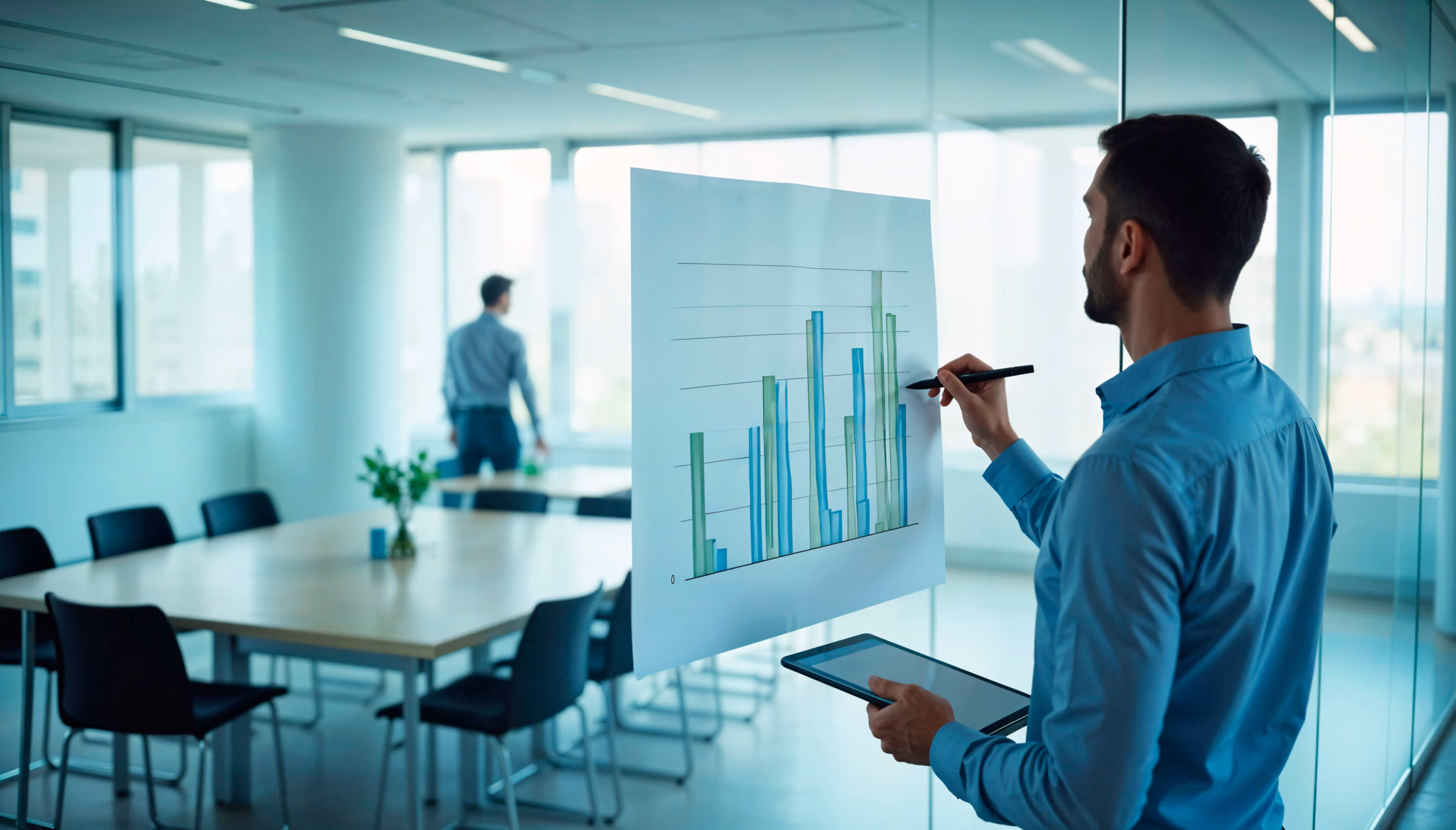 Geschäftsmann präsentiert in einem modernen Büro mit Glaswänden und einem Tablet ein Balkendiagramm auf einer transparenten Folie.