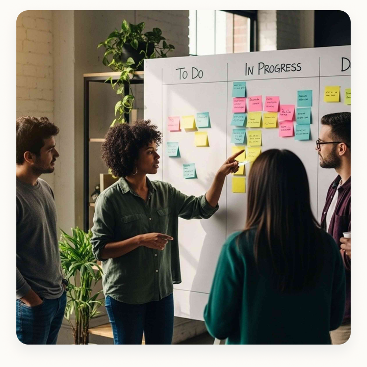 Team planning a product roadmap around a whiteboard