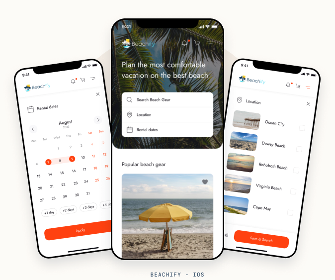 Beachify iOS app shown across three iPhone screens