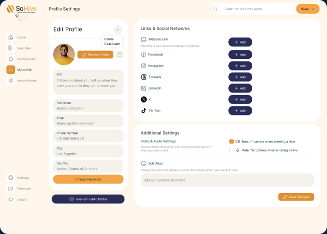 Web app edit profile dashboard