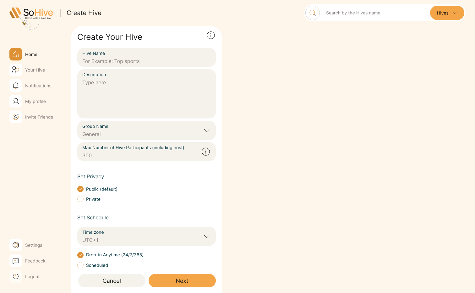 SoHive Create a Hive screen design