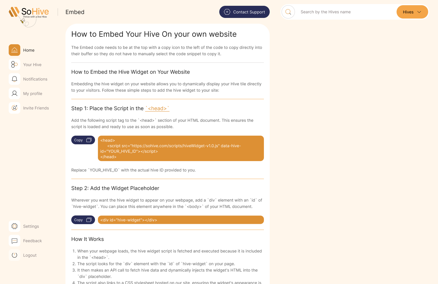 SoHive Hive embed code screen design