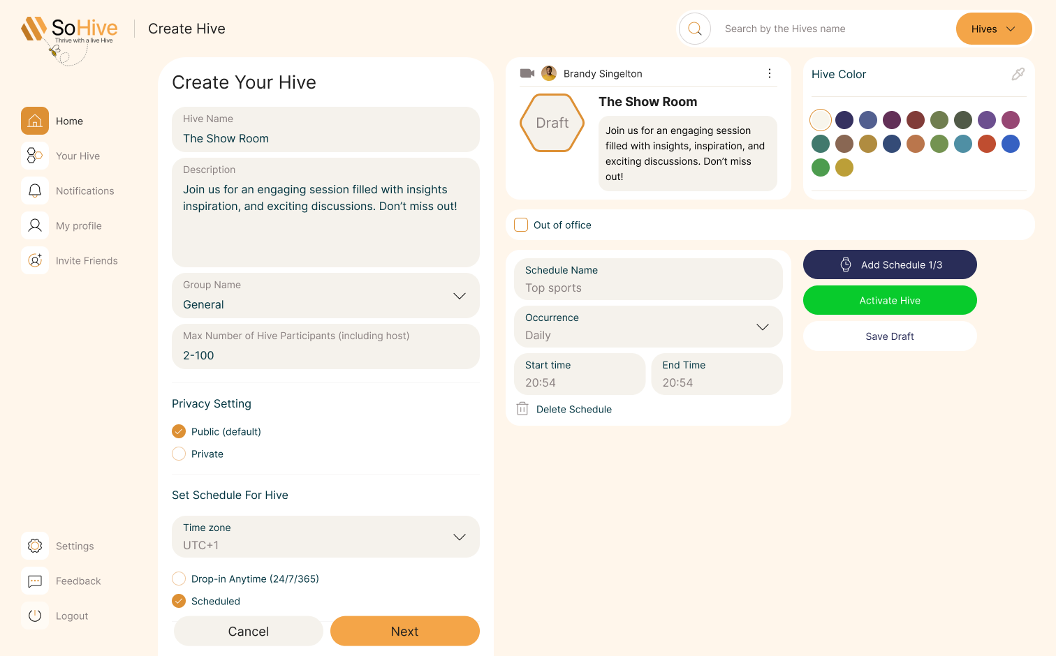 SoHive Hive scheduling screen design