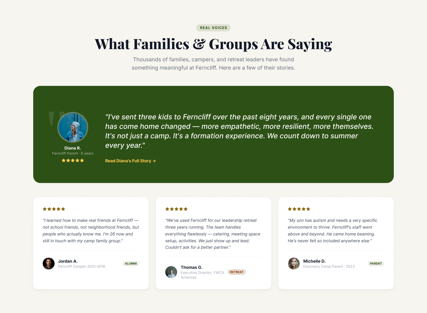 Ferncliff testimonials section design