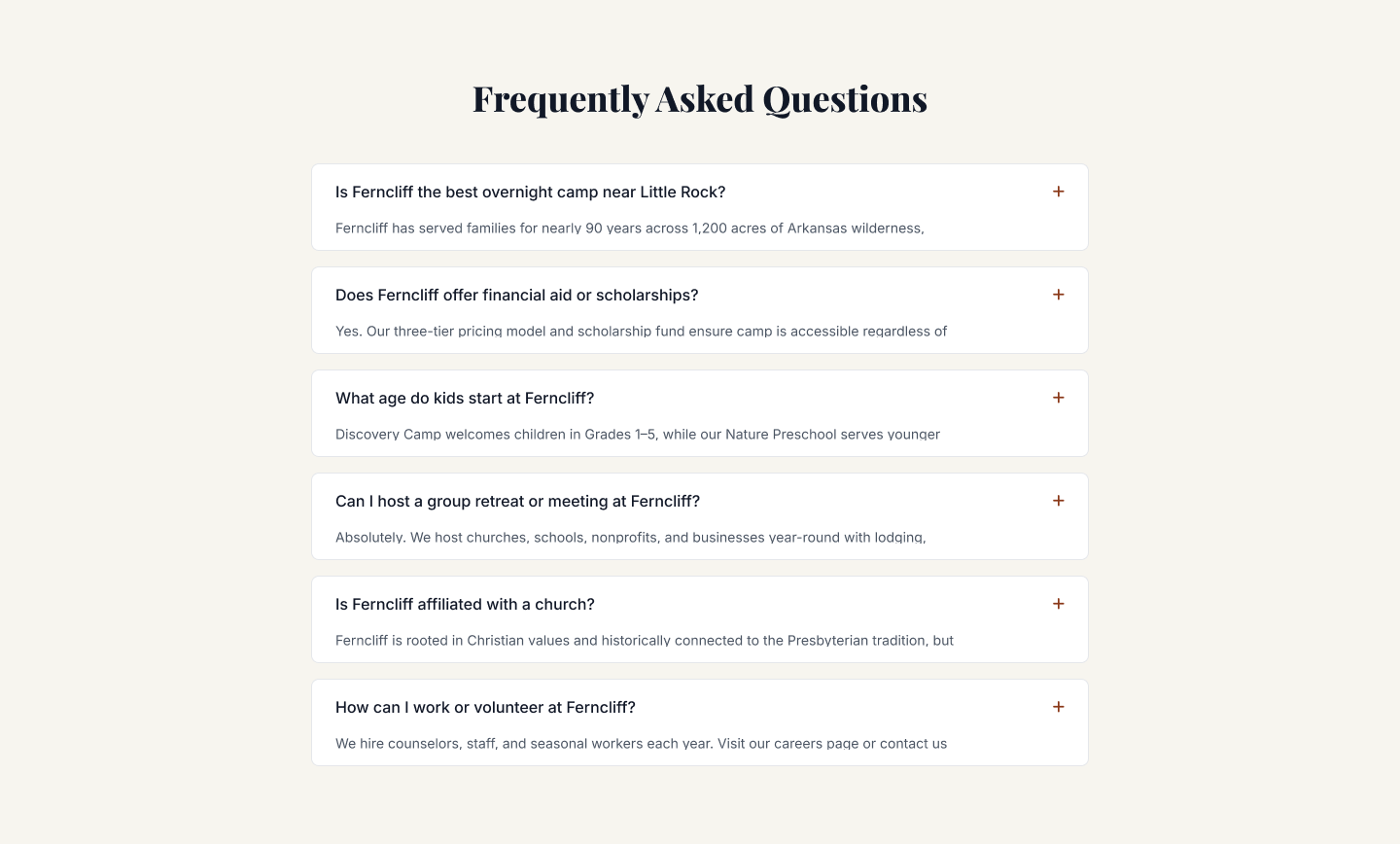 Ferncliff FAQ section design