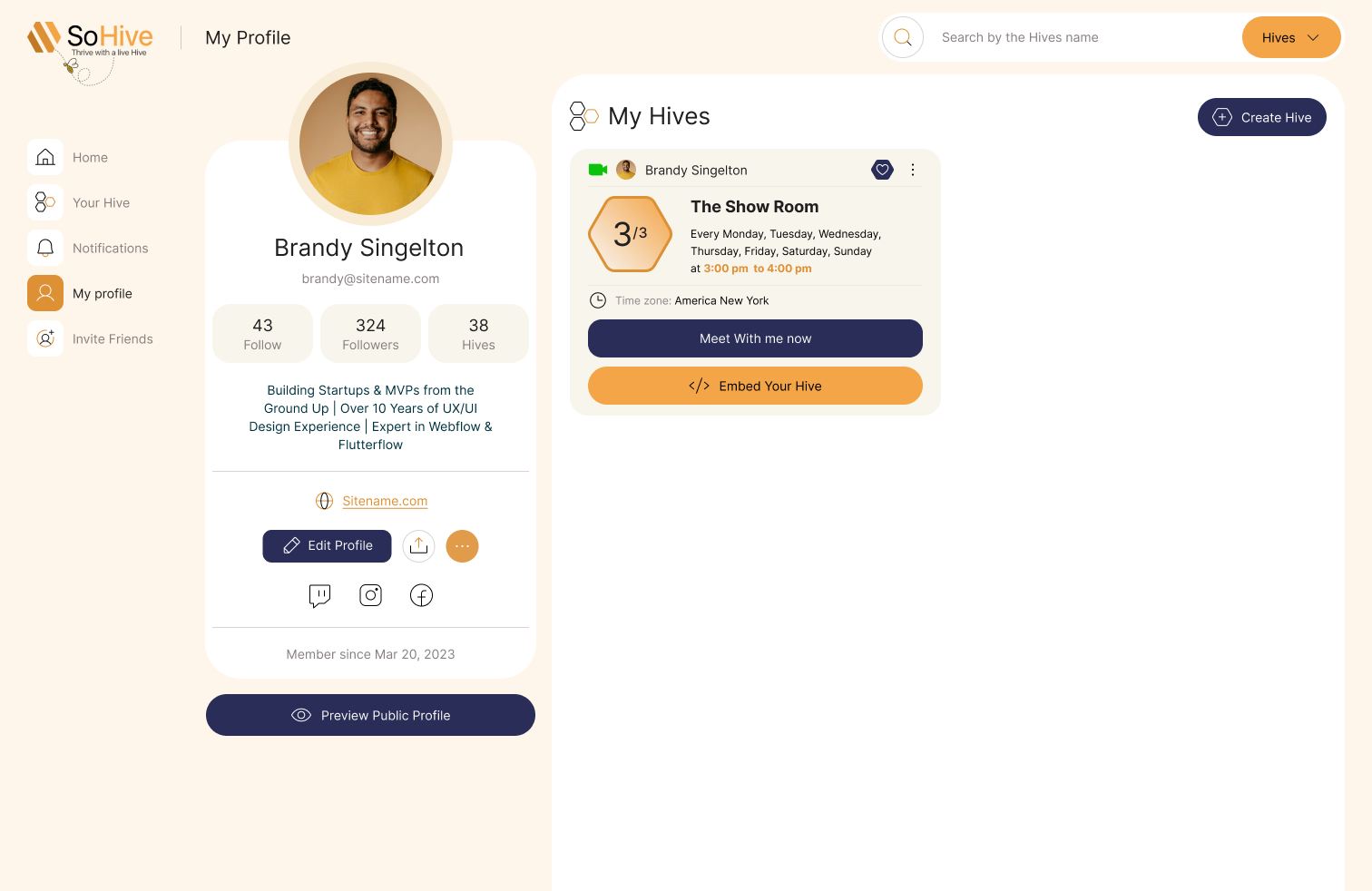 SoHive profile page design