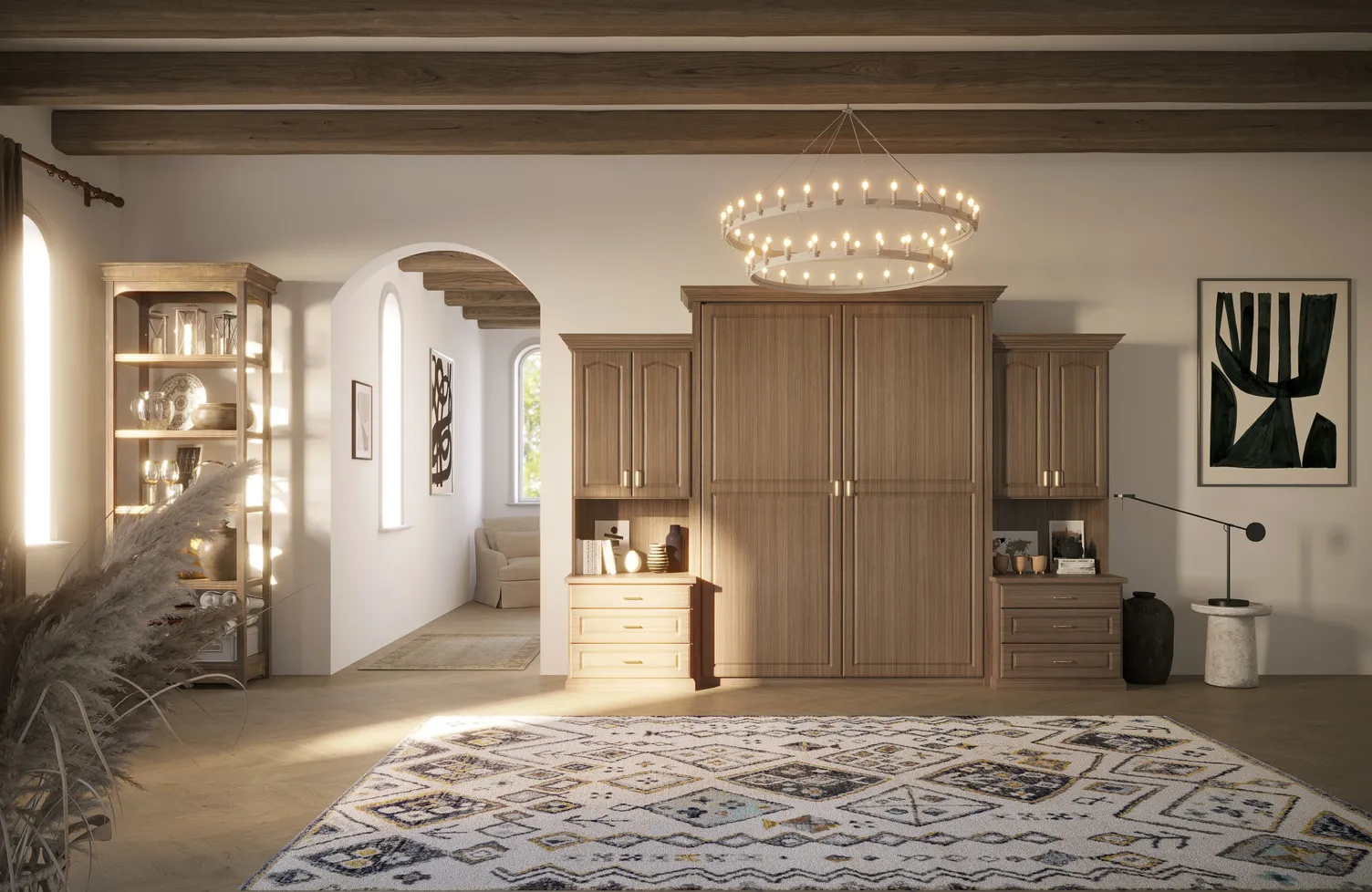 Built-in wooden Murphy bed with integrated storage in a spacious, sunlit living room with rustic beams and modern decor.