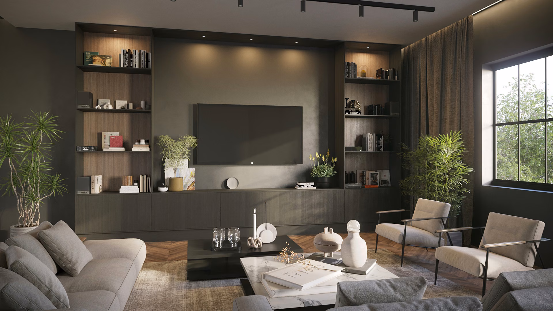 Dark olive built-in entertainment center with floor-to-ceiling lighted display shelving flanking a wall-mounted TV above a long run of closed cabinets in a small living room.