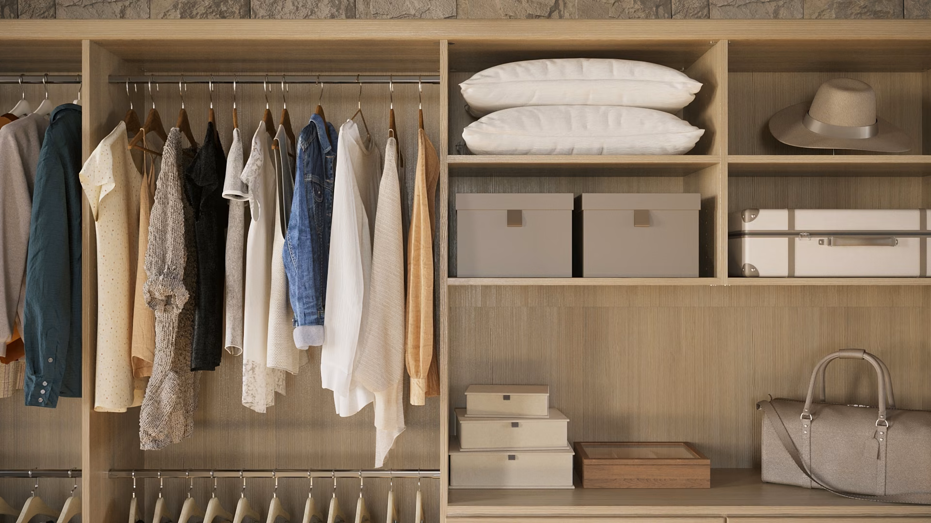 Light wood closet interior with a hanging rod of shirts and sweaters beside open shelves holding pillows, lidded storage boxes, a hat, and a weekend bag.