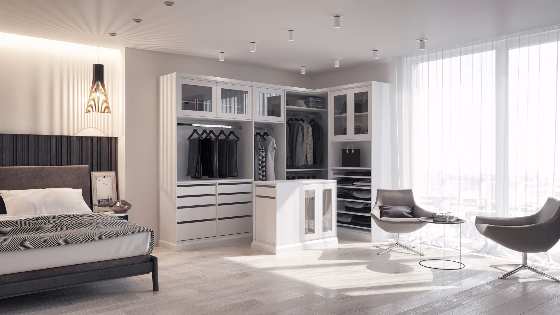 White walk-in closet with storage wrapping three walls, a freestanding island with drawers, and tall windows, opening off a bedroom.