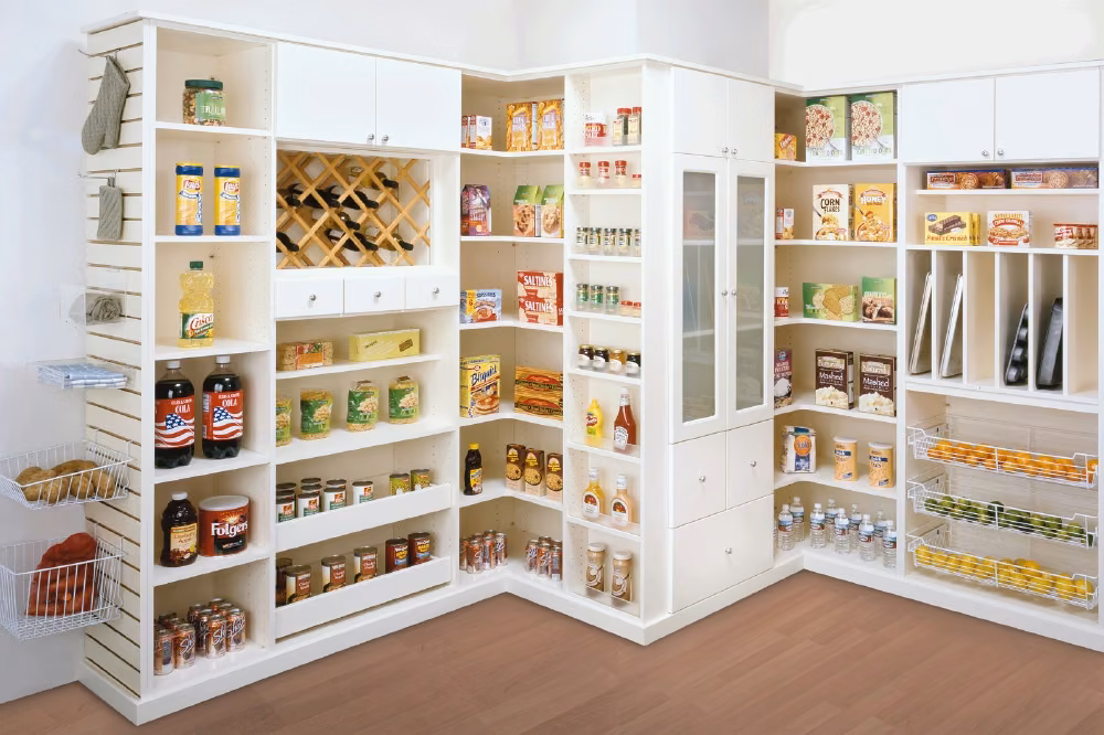 A white corner walk-in pantry with shallow canned goods shelves, a spice rack, boxed cereal at eye level, a wine rack, bakeware in vertical slots, wire pull-out produce baskets, and bottled drinks on the lowest shelves.