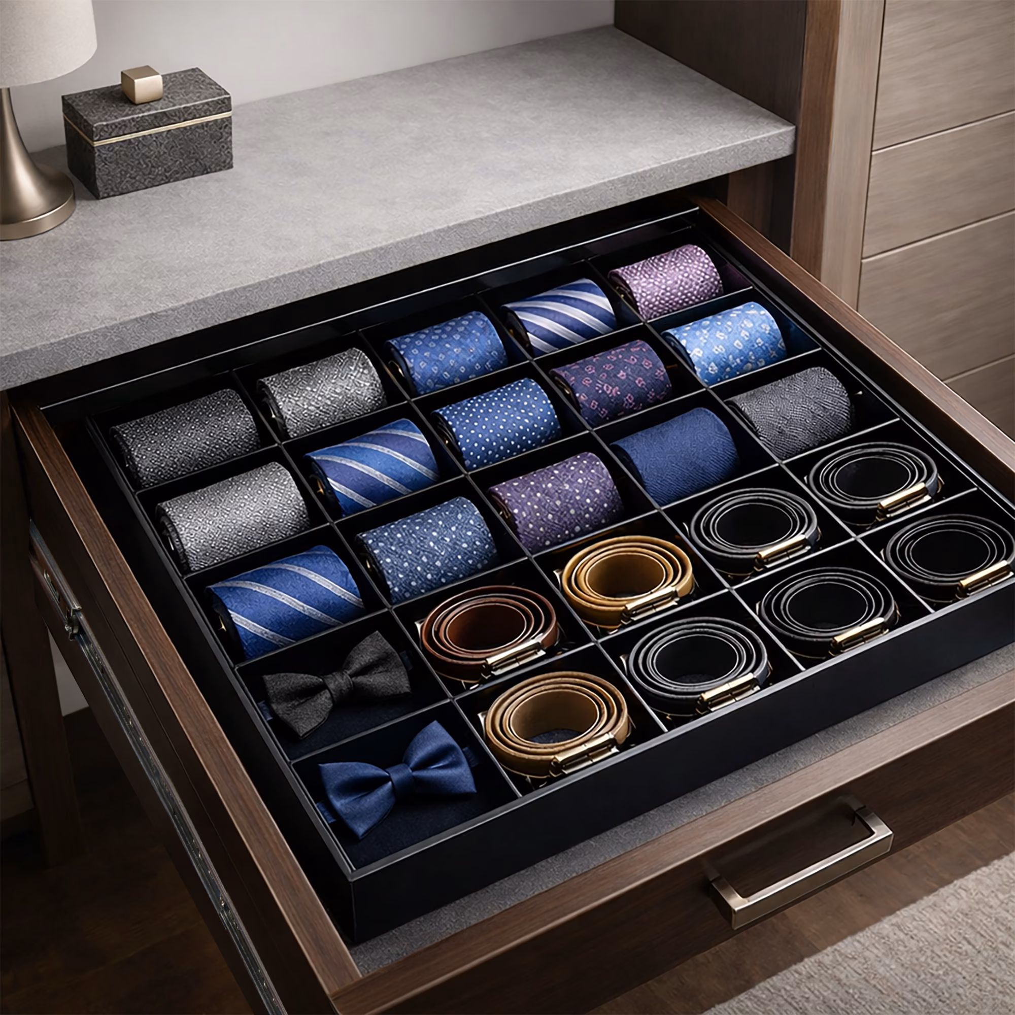 Open closet drawer with a grid organizer holding rolled ties and coiled belts.