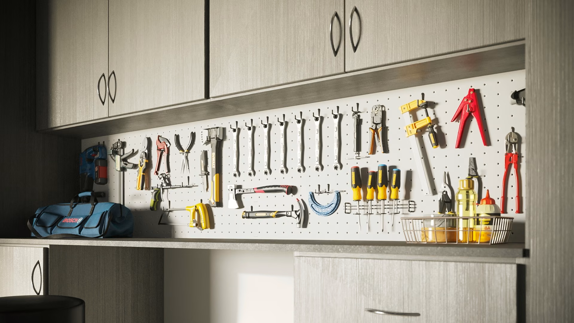 Garage workbench with a full wall of hand tools hung on hooks above it.