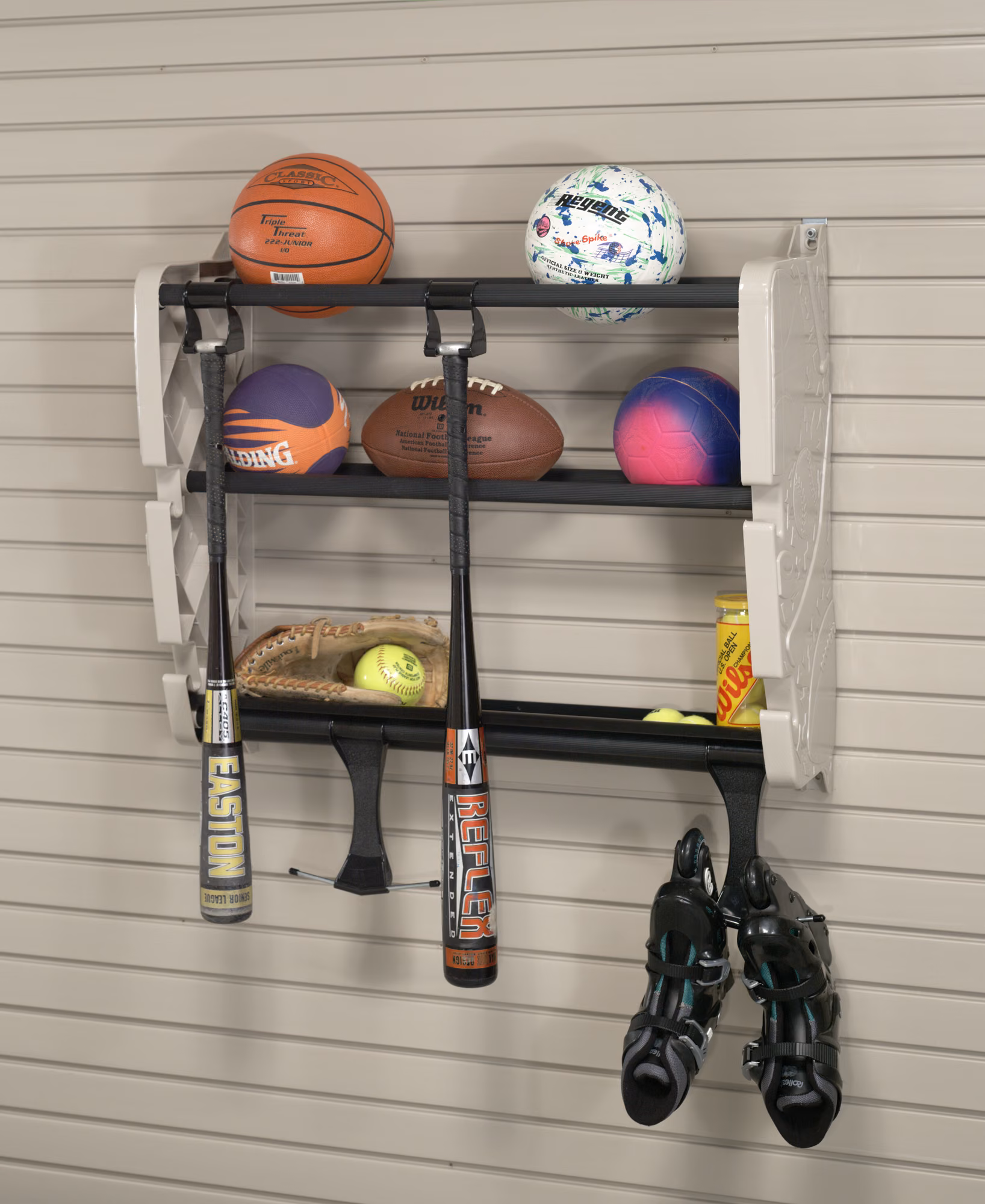 Wall-mounted sports rack holding basketballs, a bat, a helmet, and cleats.
