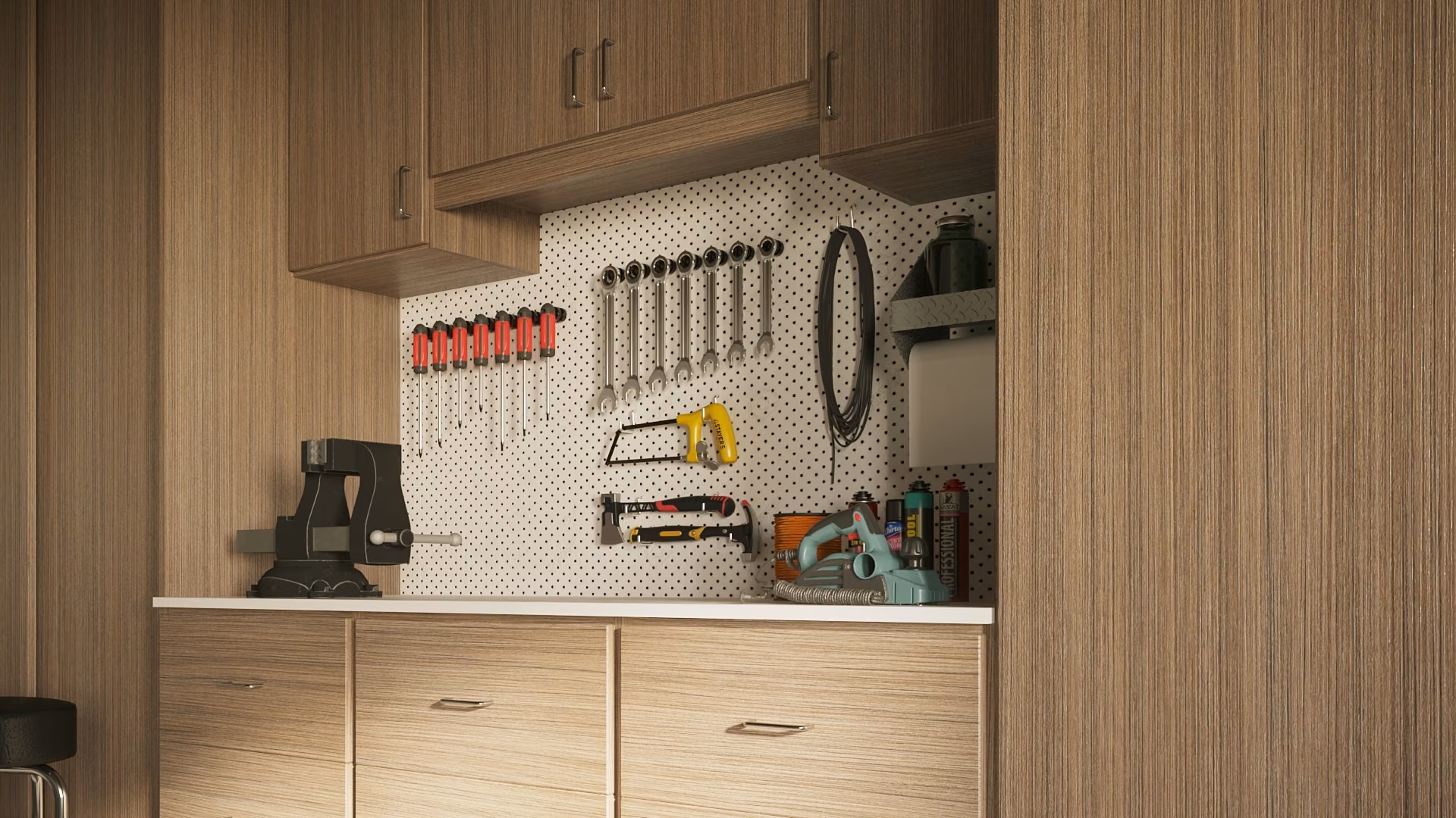 Wood-tone garage workbench with cabinets below and a tool wall above.
