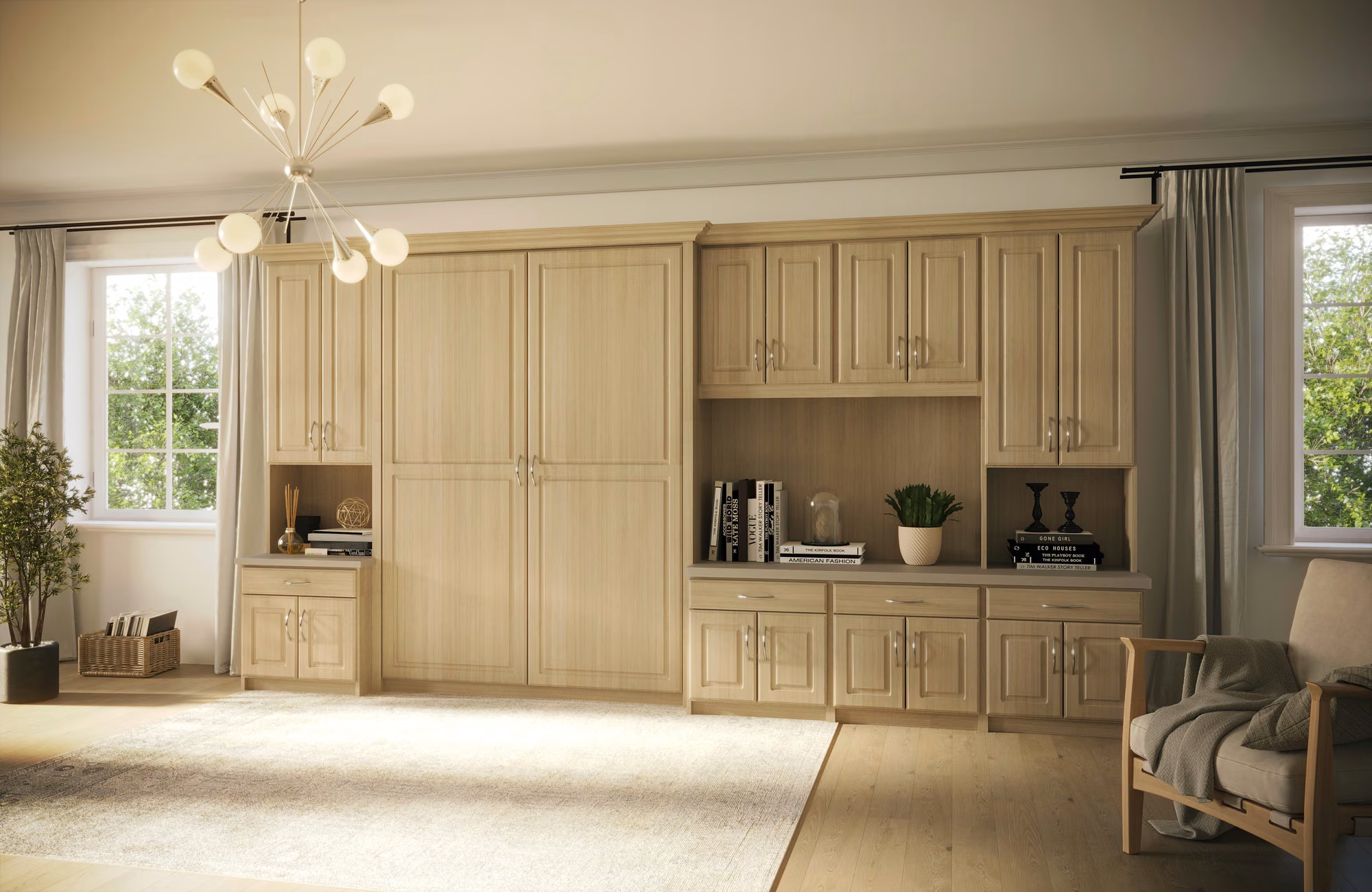 Wood-finish wall bed fully closed against the wall between flanking cabinets and windows.