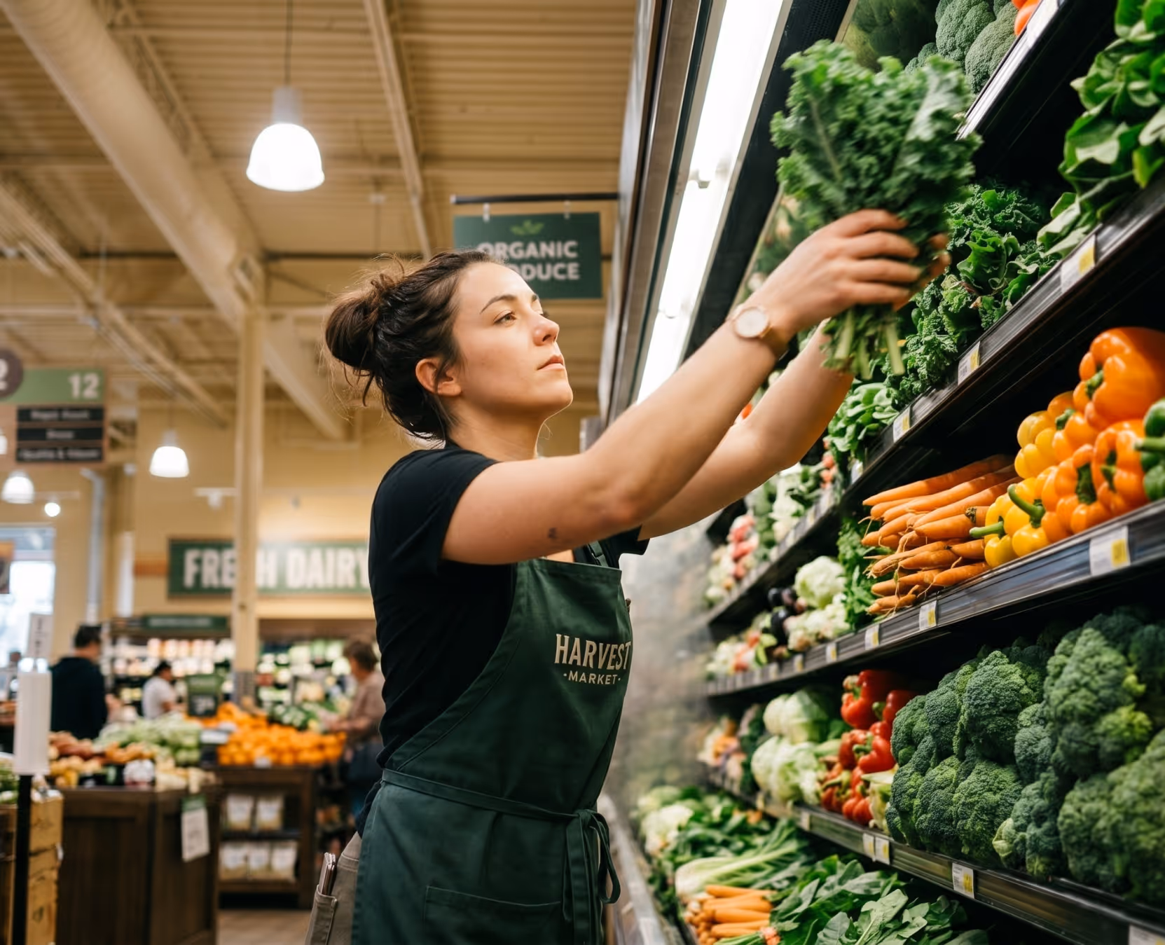 Shopper selecting a specialty food product from a retail shelf