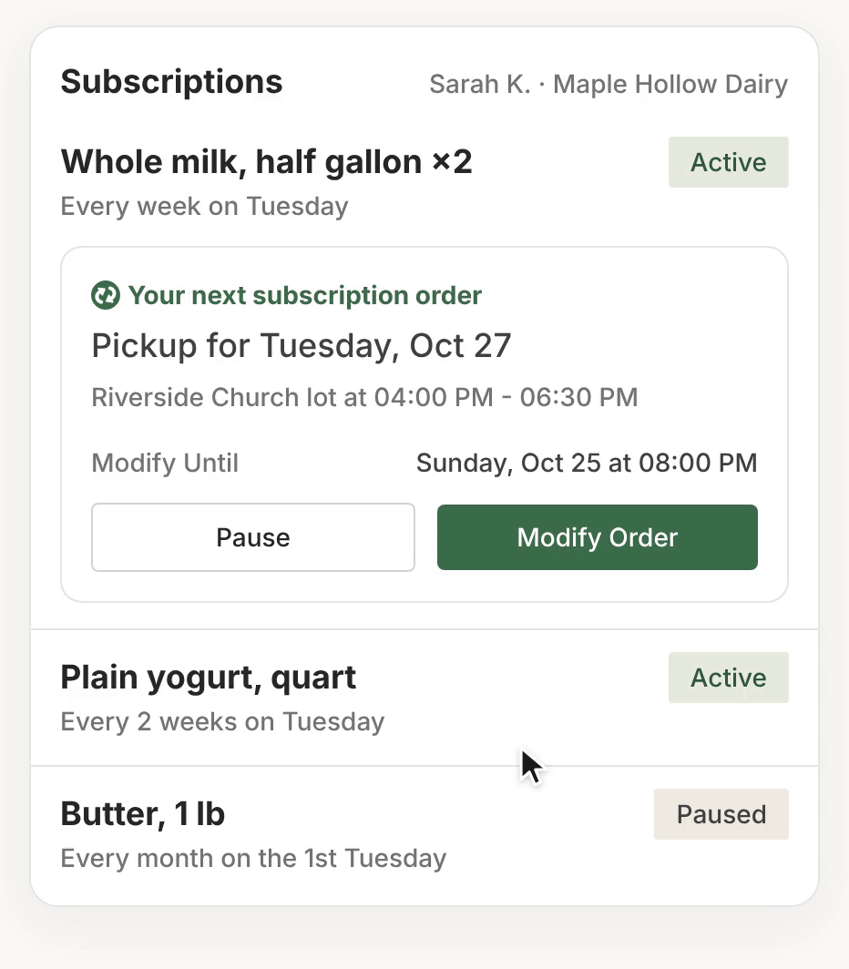 Local Line customer portal showing a weekly milk subscription with pause and modify order controls