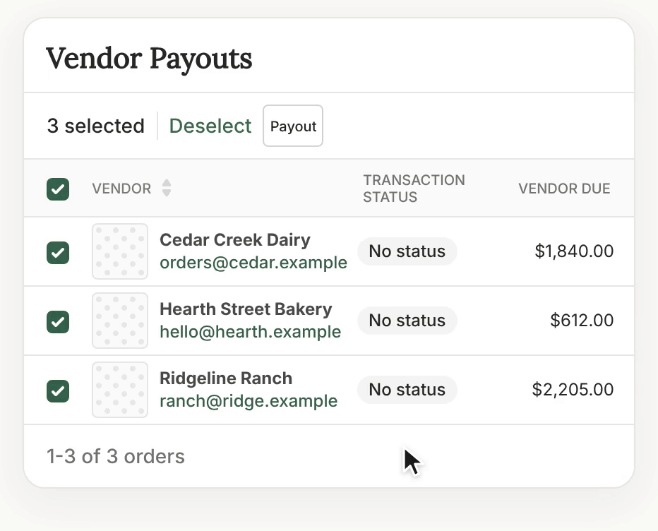 Local Line vendor management showing partner farms, amounts owed and a pay all action