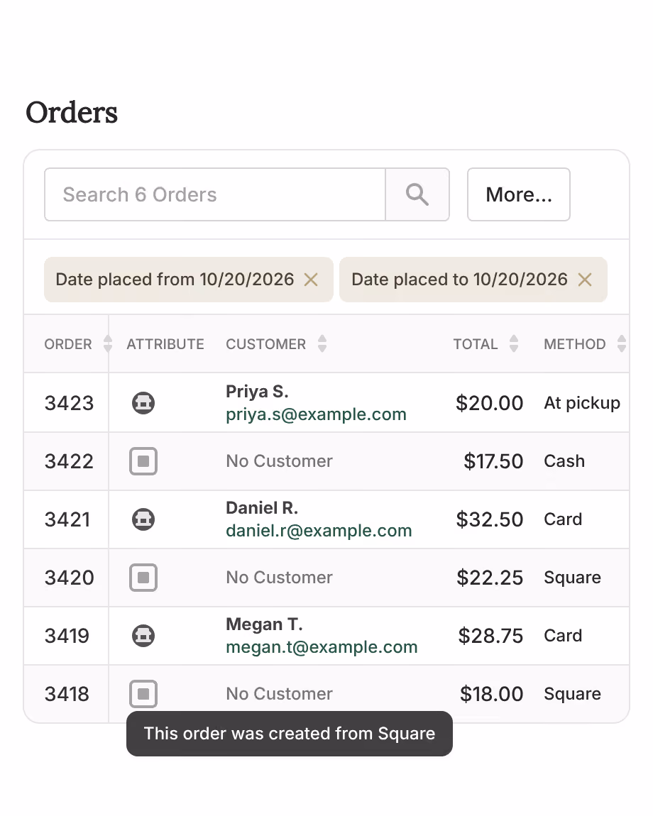 Local Line orders list showing Square farm store sales synced alongside online orders