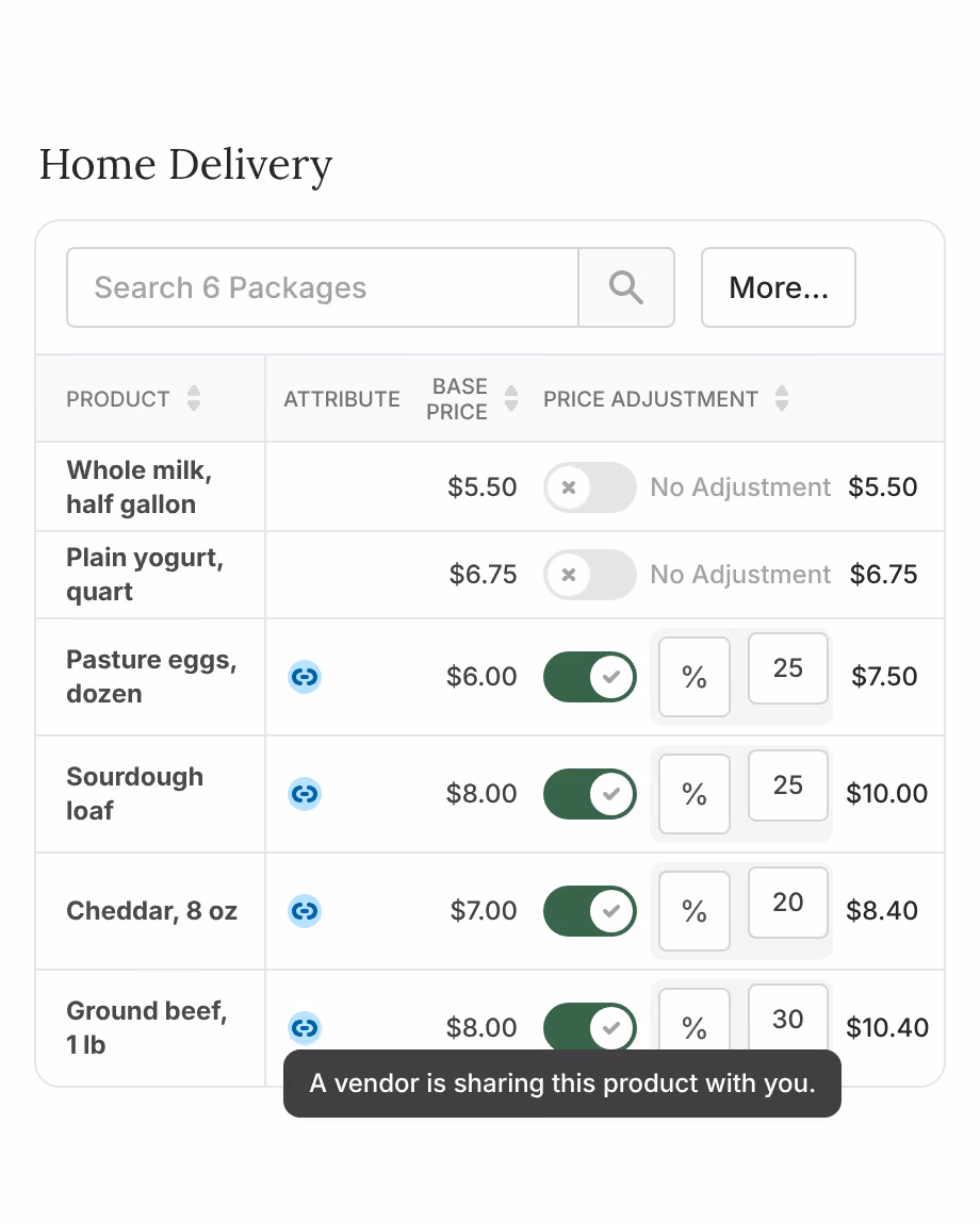 Local Line vendor list showing partner farms, this week's orders and amounts owed for a milk delivery service
