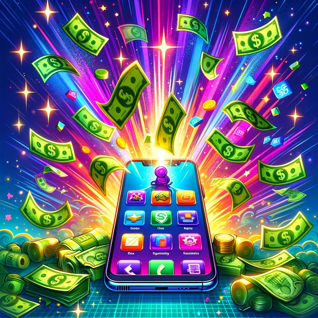Colorful bright graphic illustration of a mobile phone and wads of cash flying everywhere.