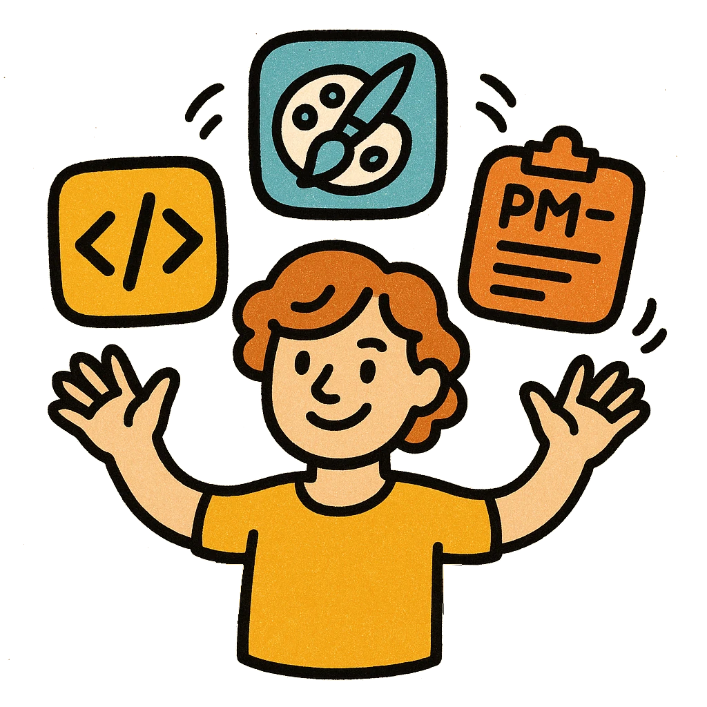 Cartoon guy juggling icons for dev, art, and project management.
