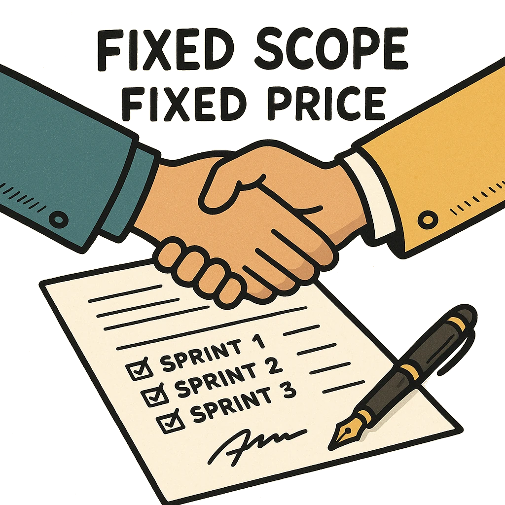 Cartoon contract, signed, with shaking hands and text above reading fixed scope and fixed price.