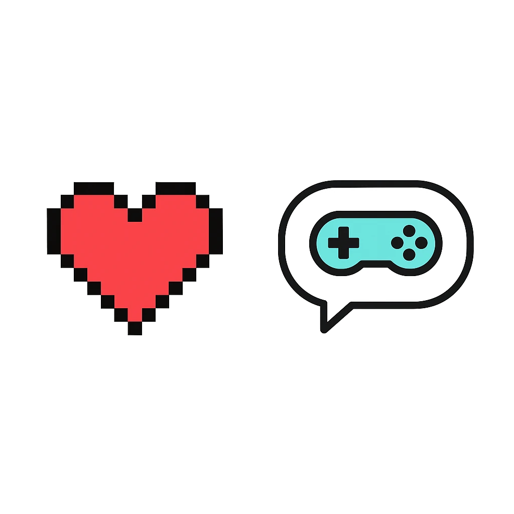A red, pixel heart and speech bubble with a game controller inside.