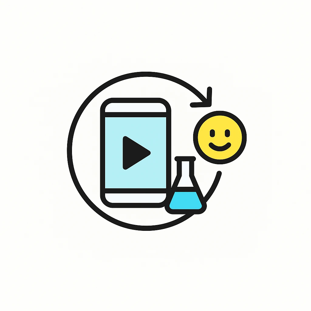 Icon showing a phone with play button, yellow smile face, and a beaker.