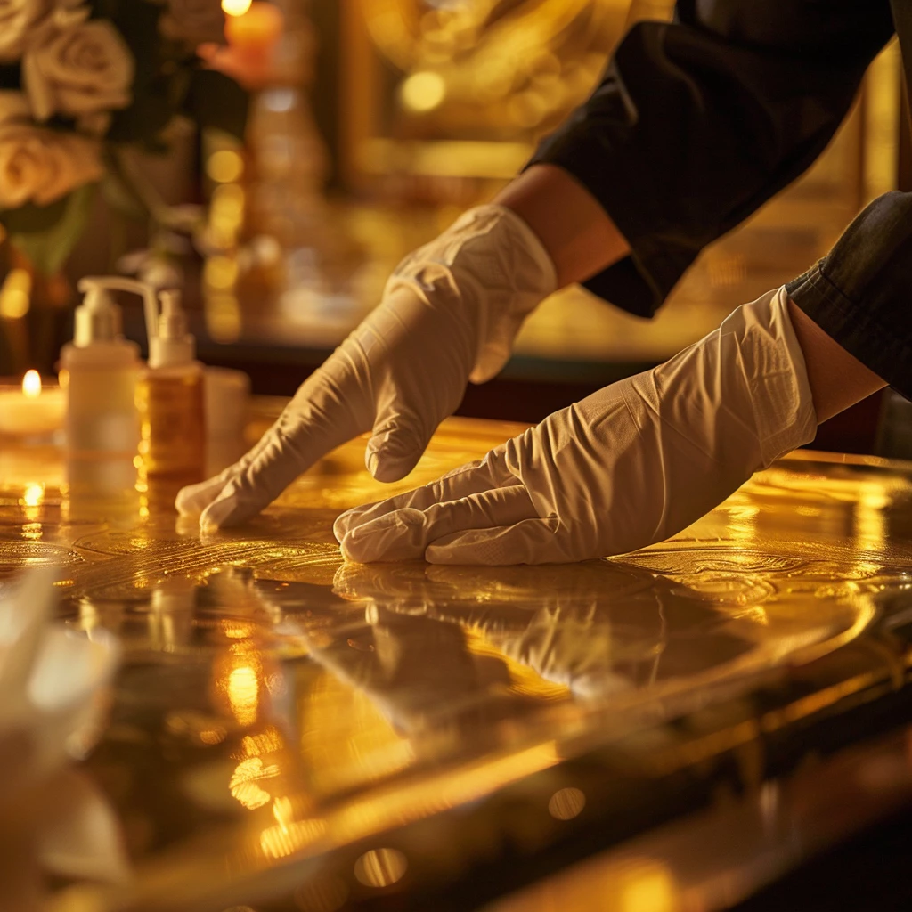Close-up of a massage therapist's hands gently cleaning up the surface in a dimly lit, candle-adorned spa setting with reflections on the surface, creating a serene and rejuvenating ambiance