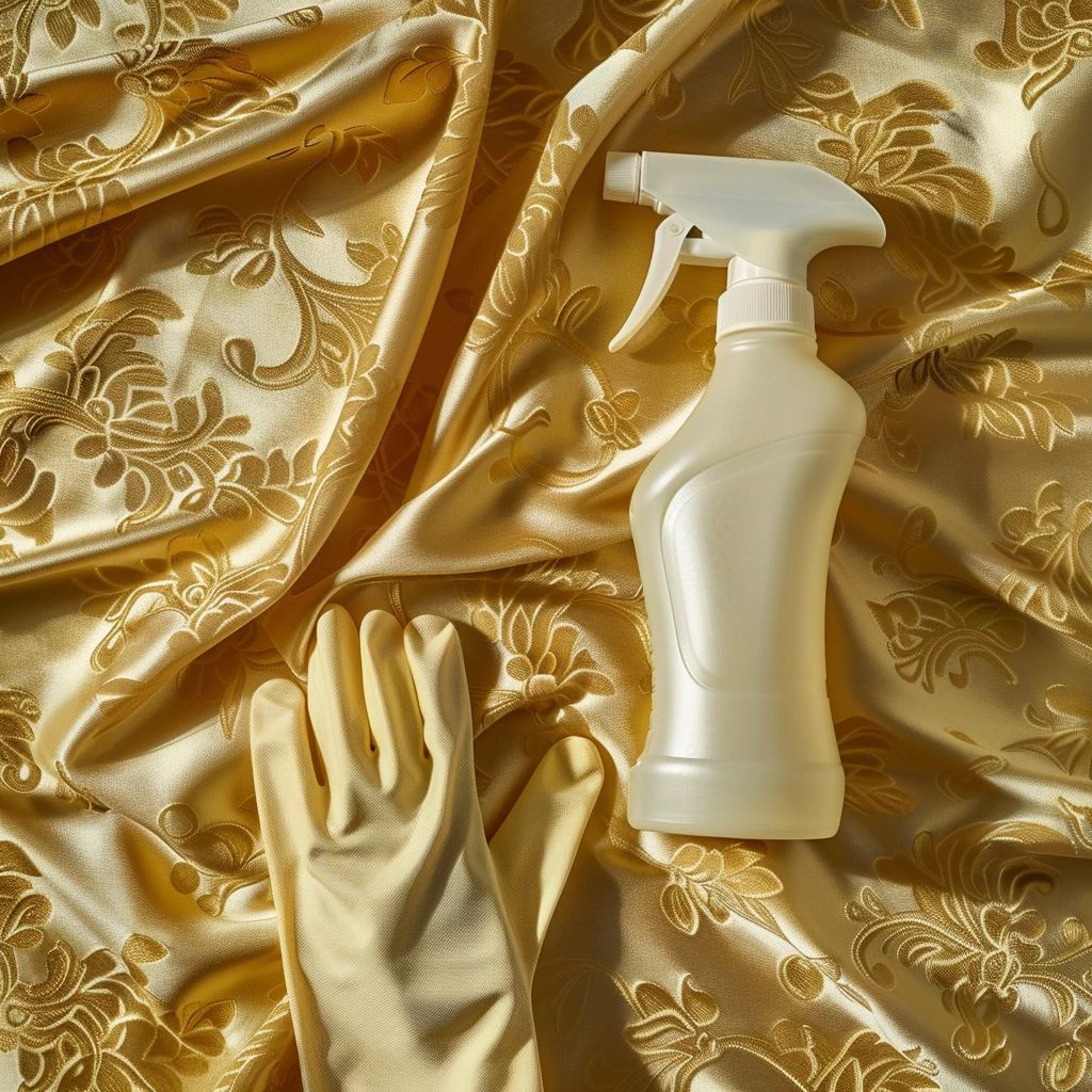Cleaning spray bottle and rubber gloves on top of luxurious gold fabric with a damask pattern