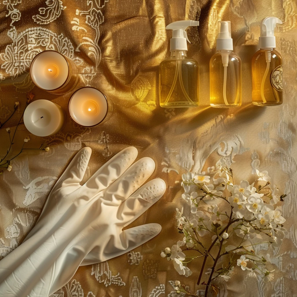 An overhead shot shows several bottles of yellow body oil, white gloves, and candles on a table with lace fabric and scattered flowers, illuminated by soft light, creating a warm atmosphere. The background is a golden-patterned cloth, creating a luxurious feel