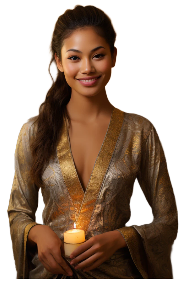 A smiling Thai woman in traditional dress holding a lit candle, with long dark hair and a warm, friendly expression.