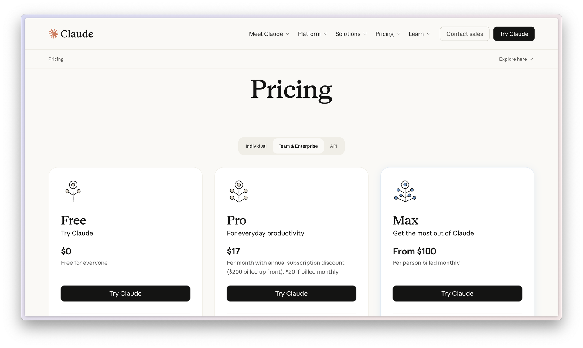 Claude AI pricing page showing Free, Pro, and Max plans available to individual users
