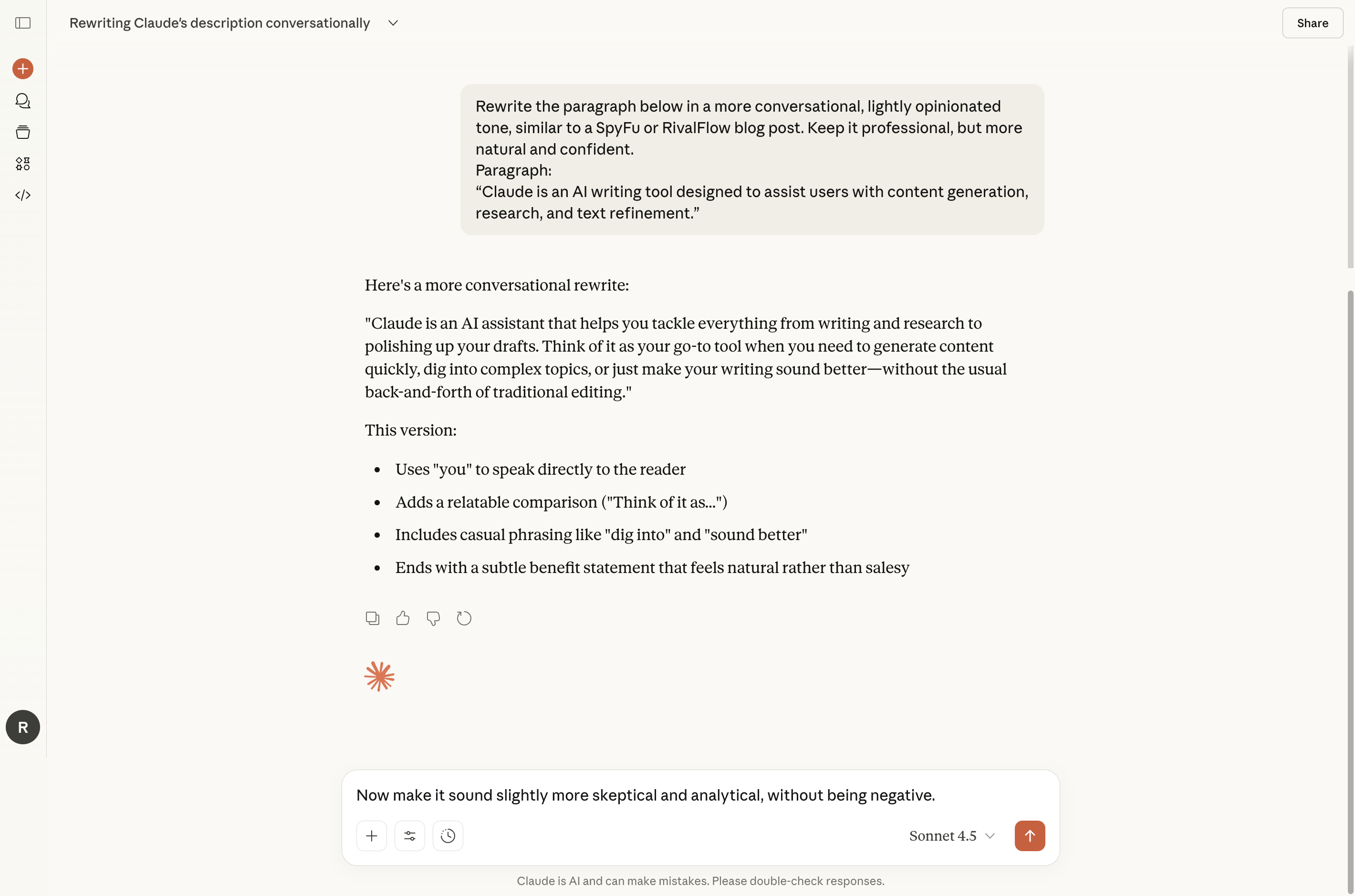 Claude AI rewriting a product description with a conversational, lightly opinionated tone for SEO content