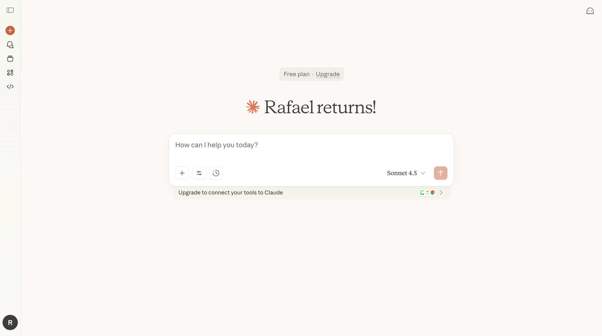 Claude AI chat interface on the free plan using the Sonnet 4.5 model during hands-on testing