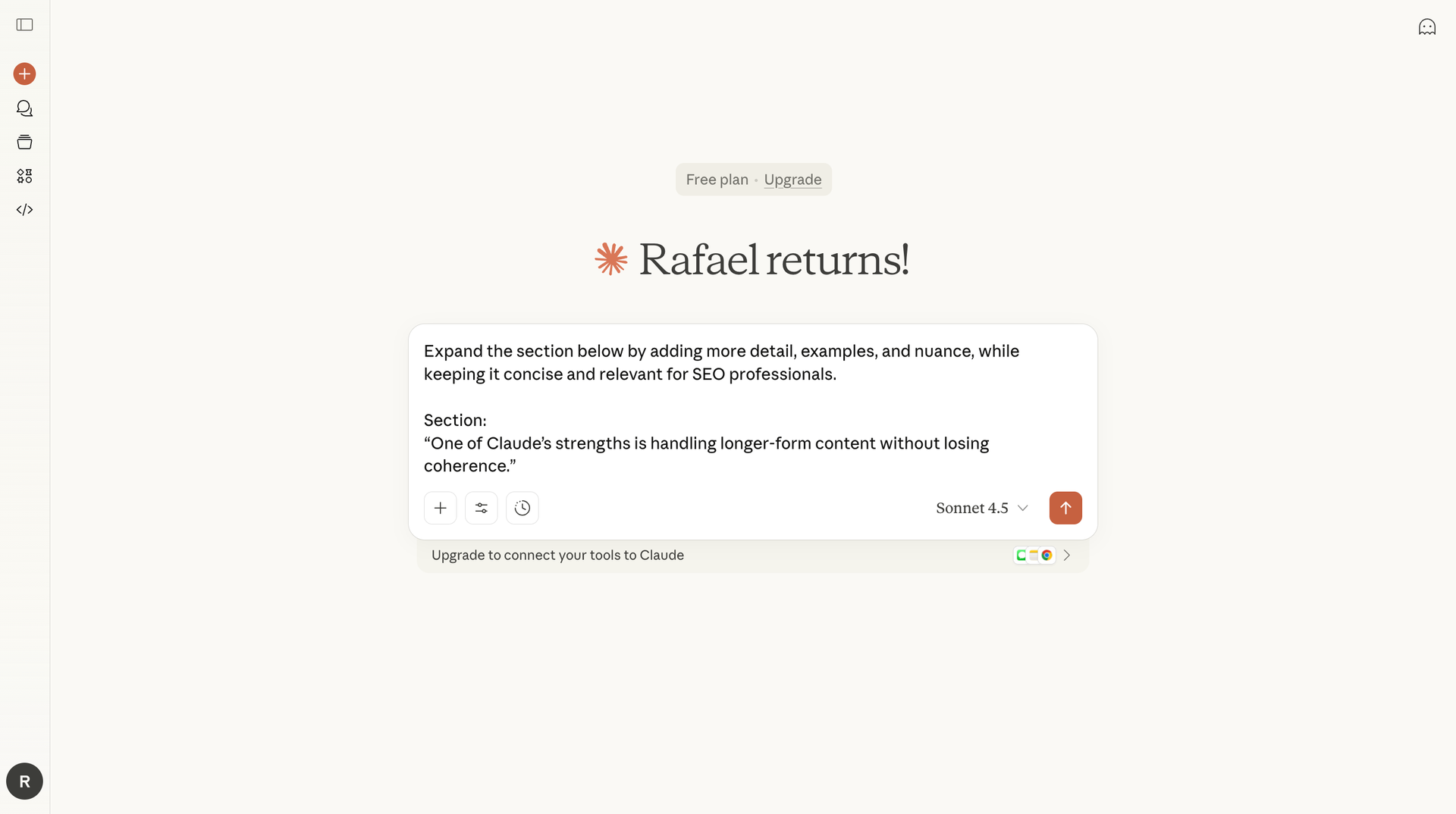 Claude AI expanding a long-form SEO content section while maintaining coherence and context