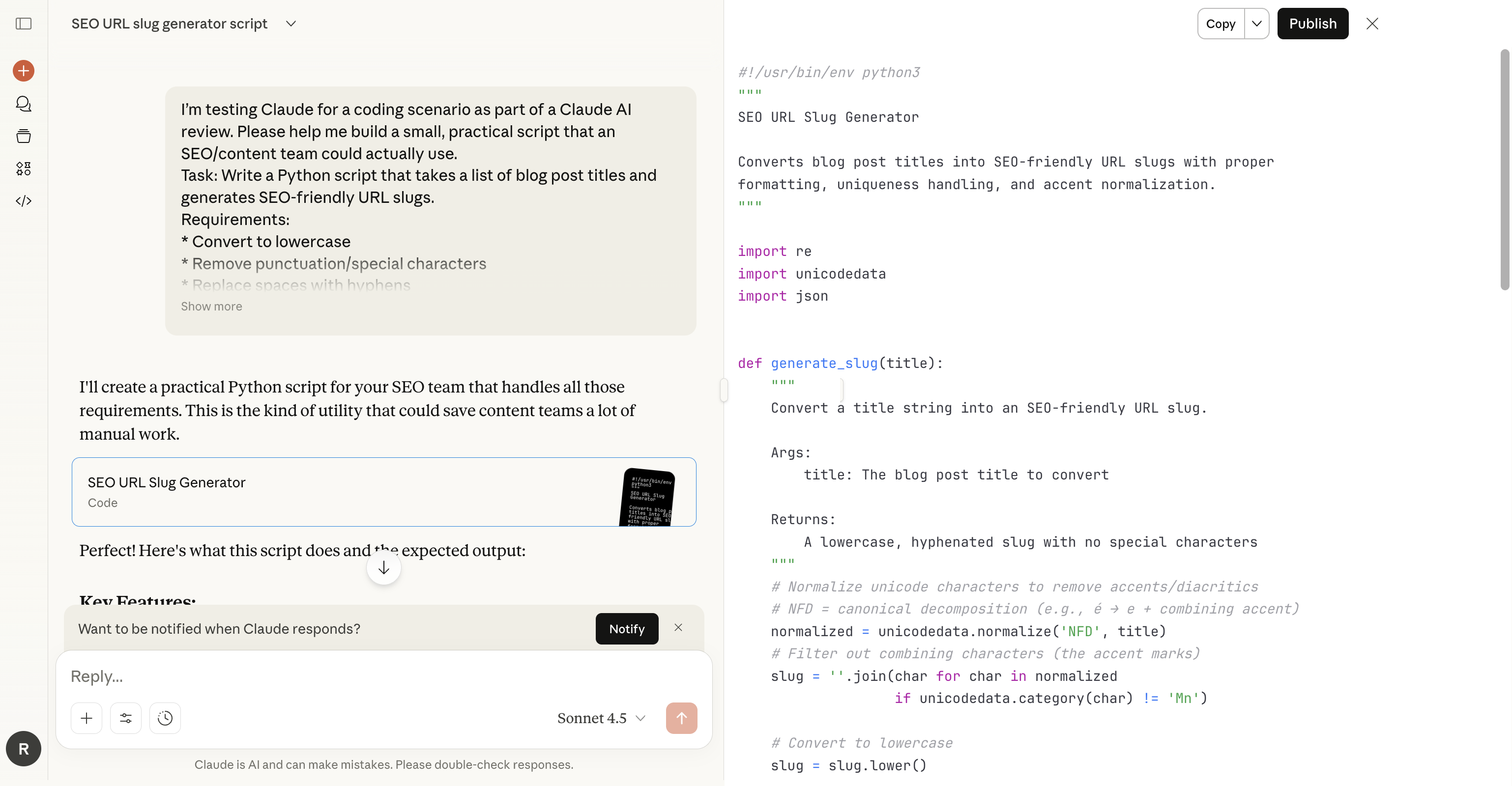 Claude AI generating a Python script to create SEO-friendly URL slugs during a real coding test