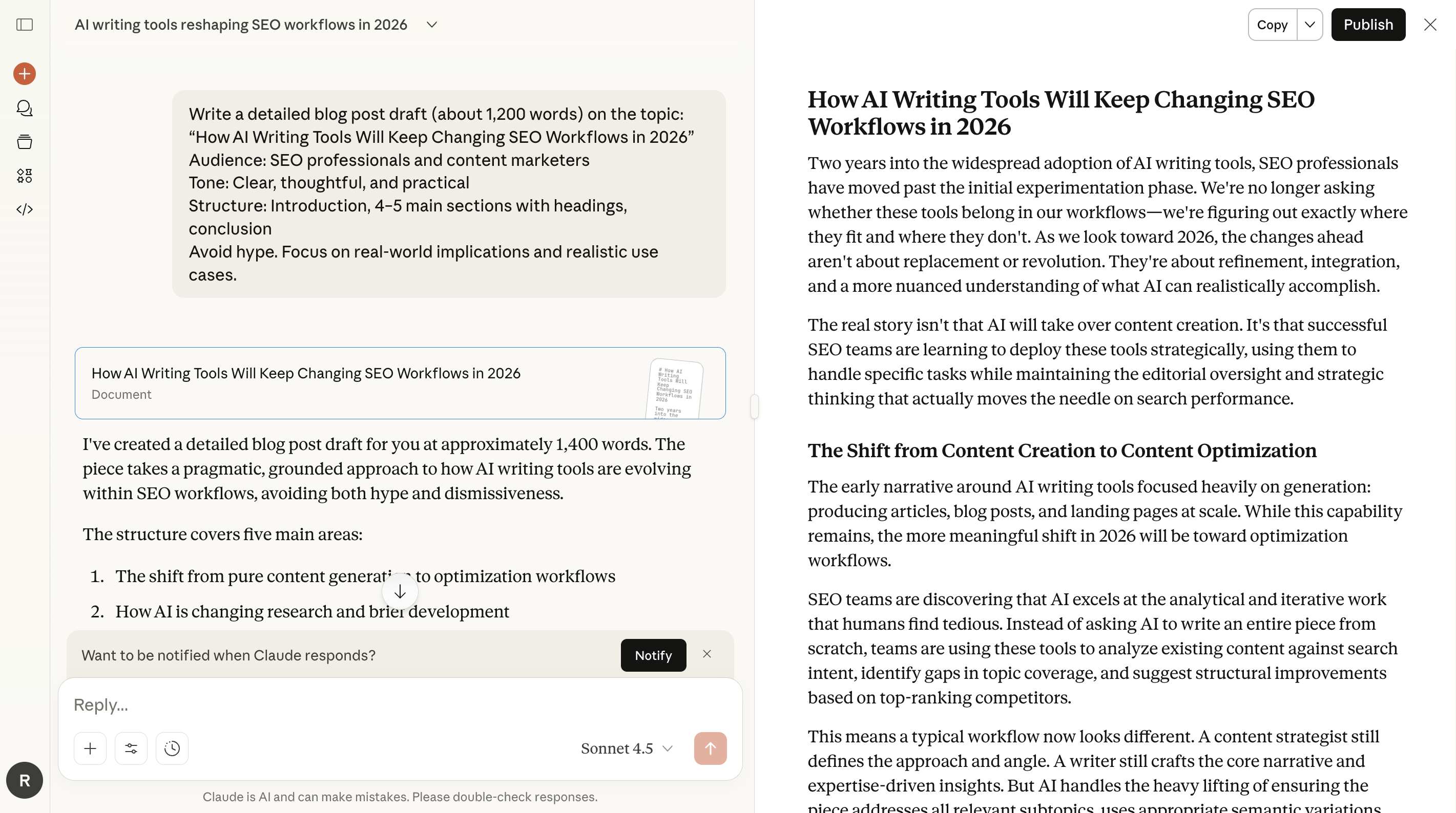Claude AI generating a long-form article draft about how AI writing tools will change SEO workflows in 2026