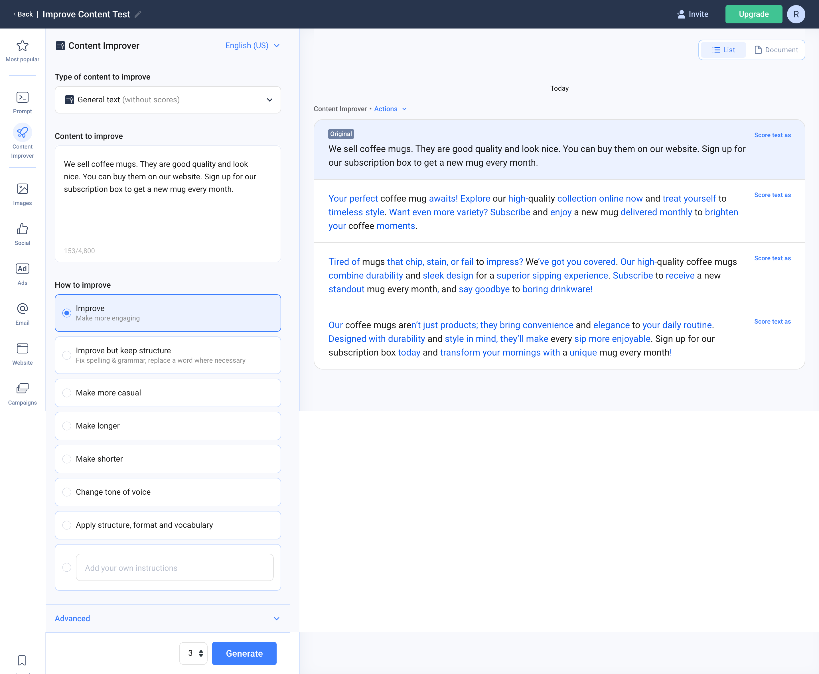 Screenshot of the Content Improver results, showing the original mediocre copy and the three improved variations
