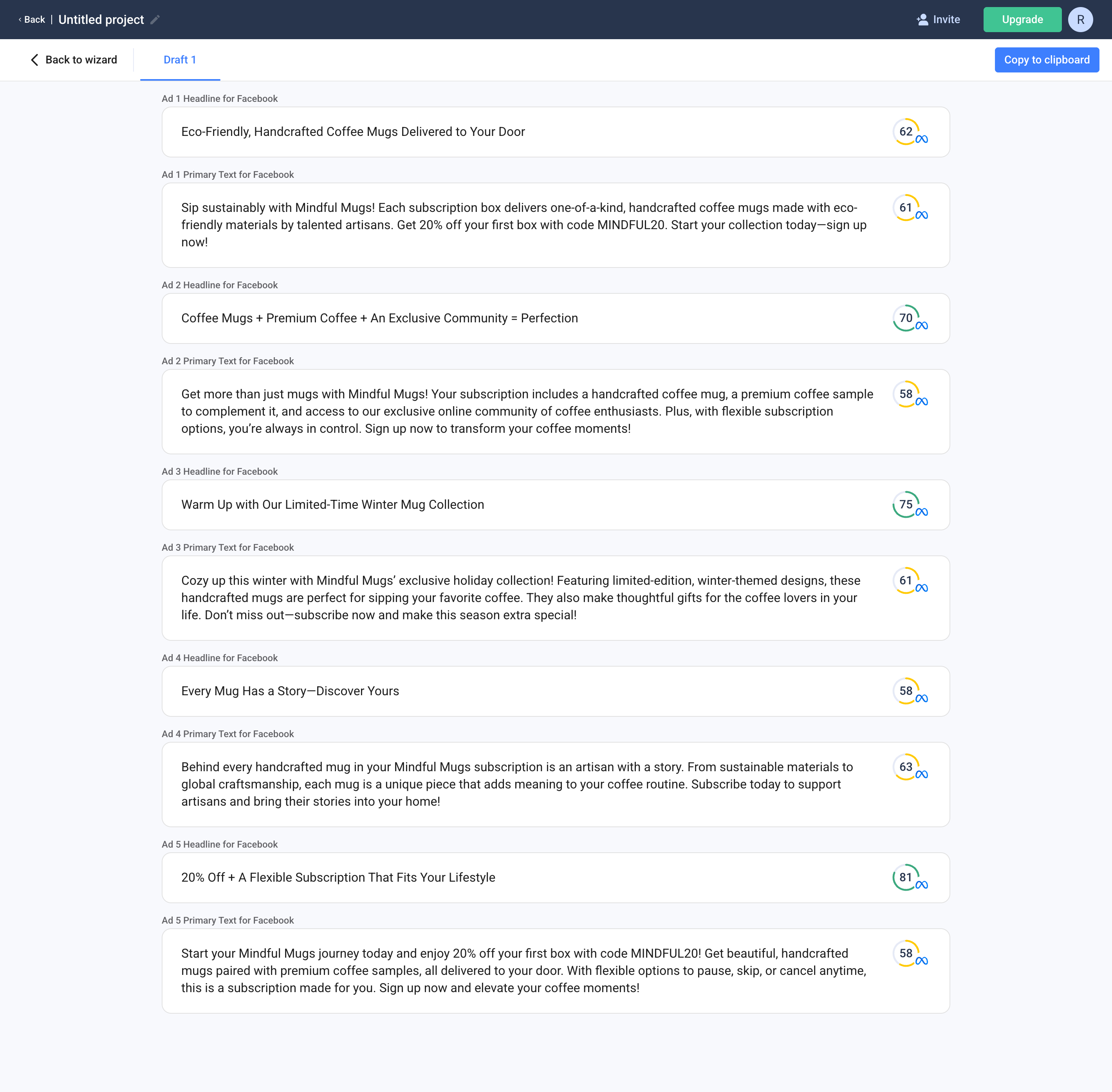 Screenshot of the Anyword results screen showing the list of ad copy variations with their performance scores, with Ad 5 (score 81) and Ad 4 (score 58) highlighted