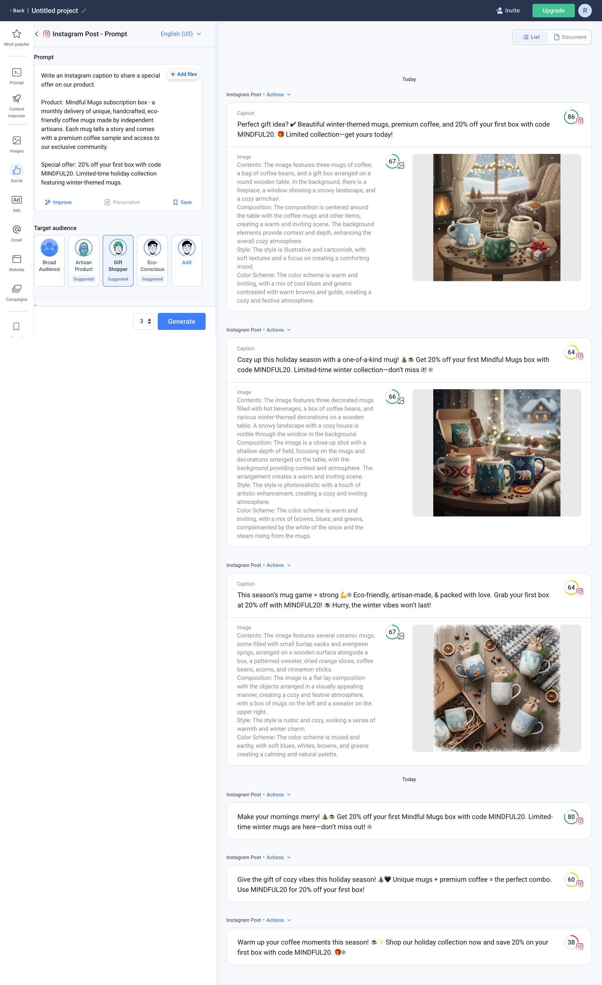 Screenshot of the Instagram post results, showing a high-scoring caption (86) with its corresponding AI-generated image of a cozy, winter-themed mug