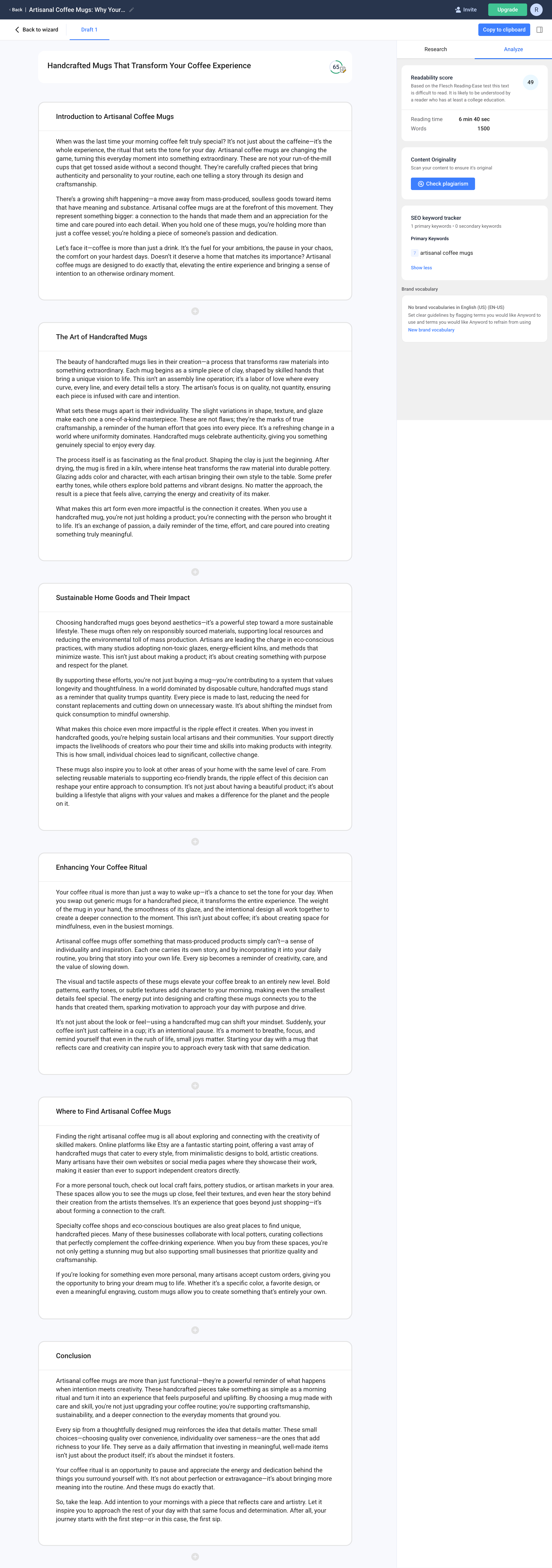 Screenshot of the final generated blog post in the Anyword editor, showing the full text and the right-hand panel with the readability score and SEO keyword tracker