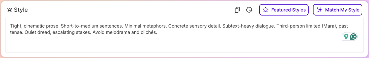 Sudowrite Story Bible Style settings showing guidelines like tight cinematic prose, third-person limited POV, past tense, and avoiding melodrama