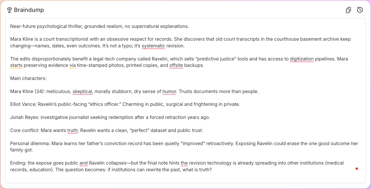 Sudowrite Story Bible Braindump text showing a near-future thriller premise, characters, core conflict, and ending notes