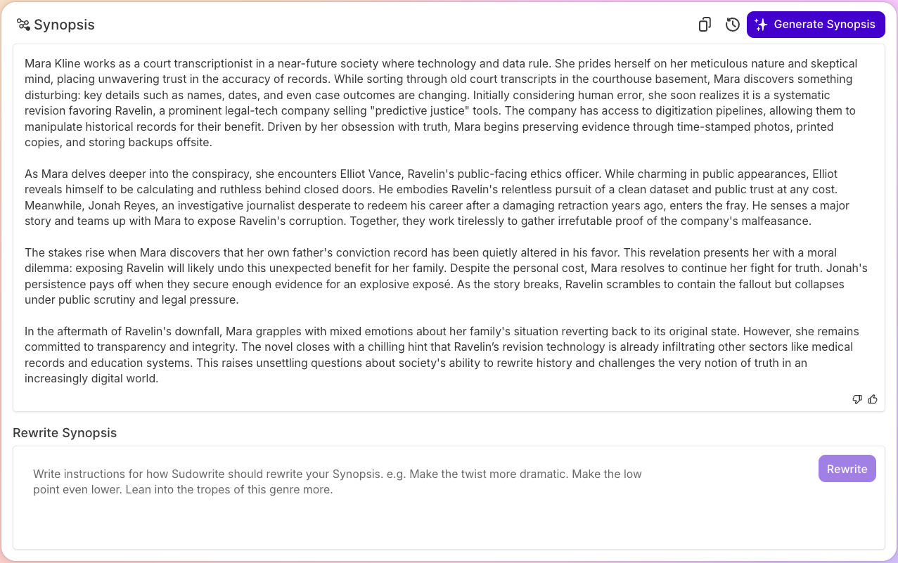 Sudowrite Synopsis panel showing a multi-paragraph novel synopsis generated for the project inside the Story Bible