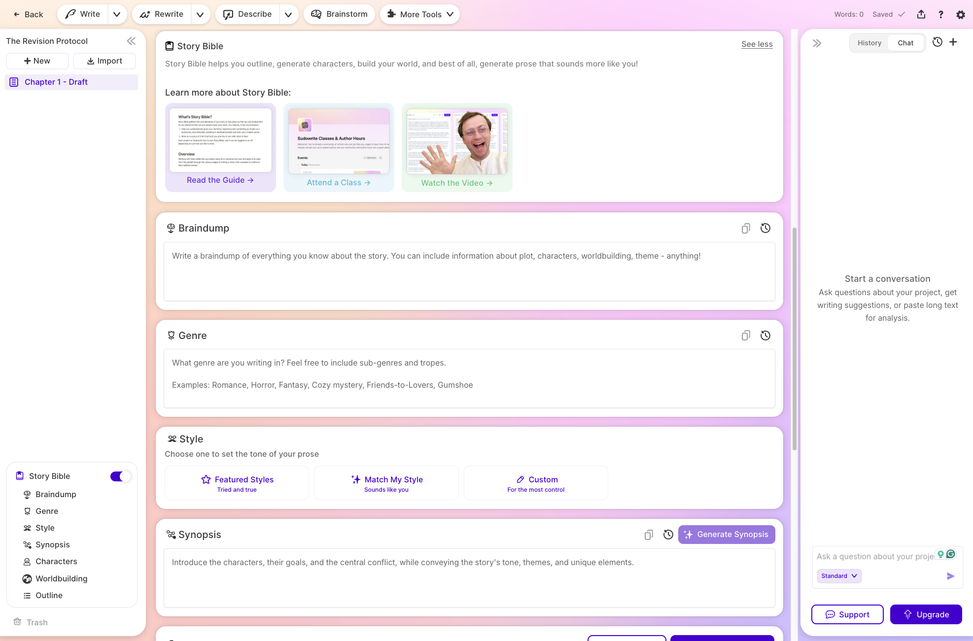 Sudowrite Story Bible dashboard showing Braindump, Genre, Style, Synopsis, Worldbuilding, and Outline sections