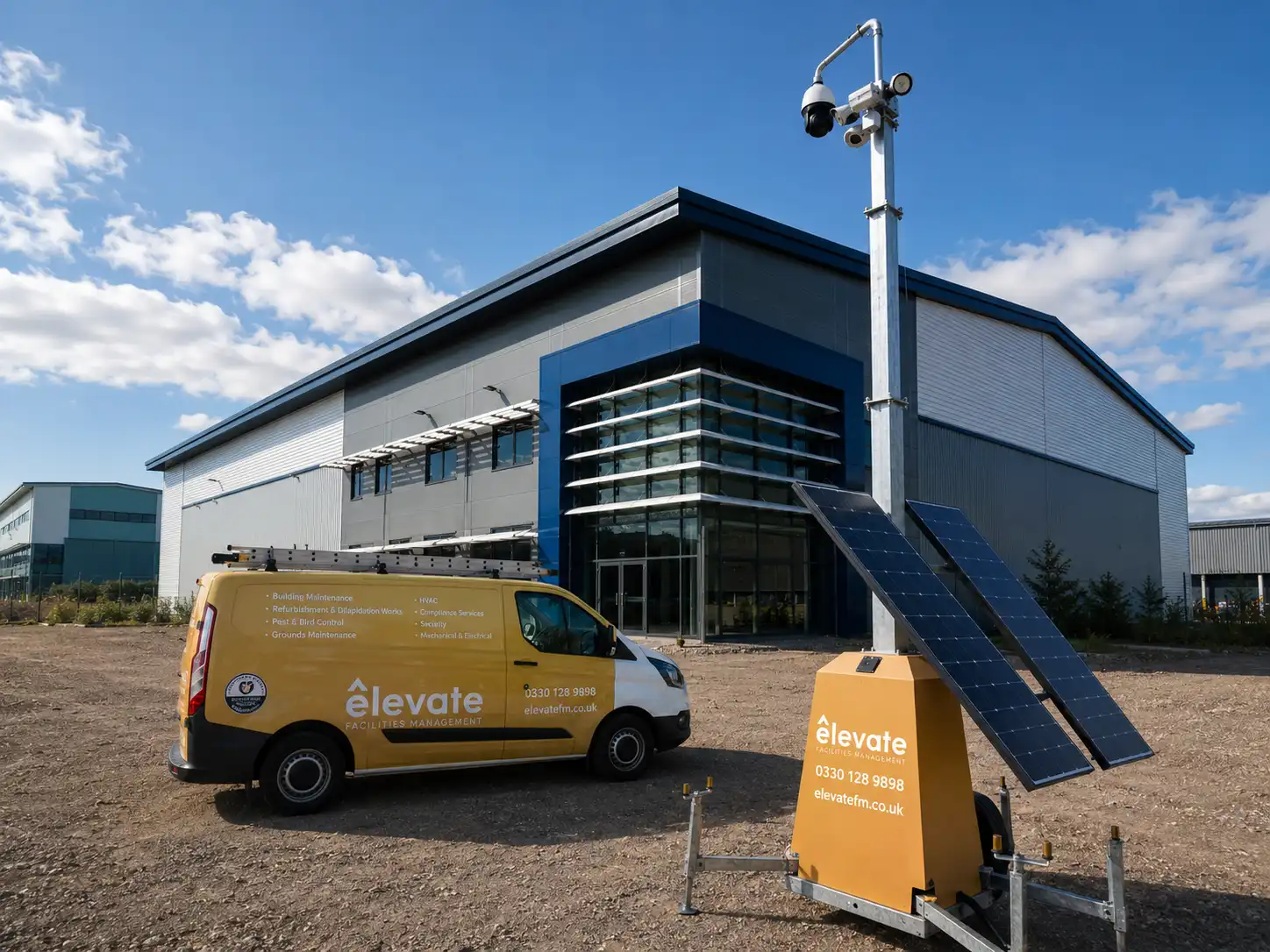 Elevate FM solar CCTV tower rapid deployment at commercial warehouse