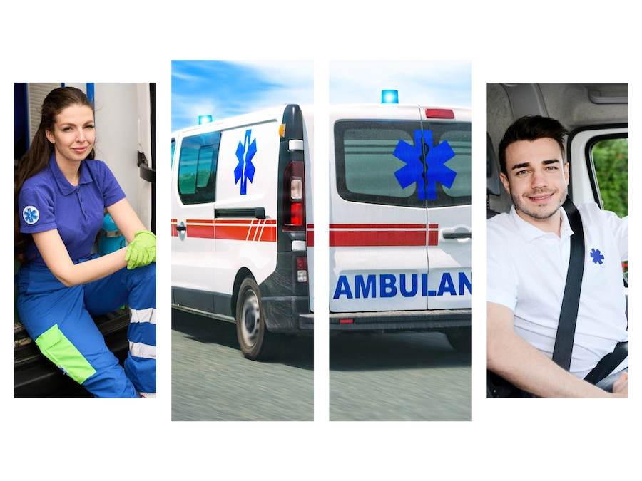 Une image décorative montrant une ambulance et des ambulanciers de part et d'autre